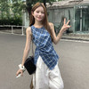 西遇格子无袖上衣女夏季新款不规则下摆设计感蓝色收腰衬衣SS050546 商品缩略图2