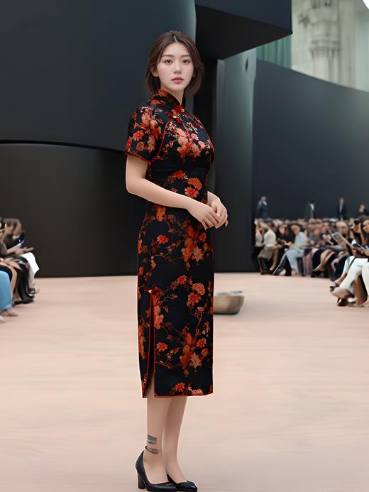 复古双门襟手工盘扣花瓣边旗袍 商品图2