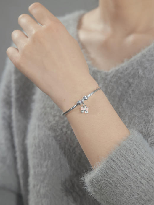 卡蒂罗/KADER 糖果蝴蝶结实心银镯 在逃公主童话风 转运珠甜美可爱粉色丝带结轻奢时尚开口可调节手饰 商品图5