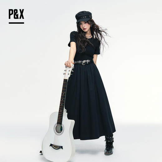 P&X设计师女装 时尚高级感收腰显瘦梭织连衣长裙 825208189 黑色 商品图0