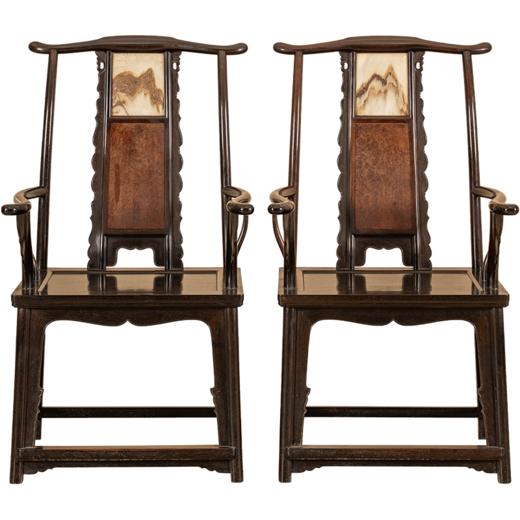 二十世纪 紫檀镶云石及瘿木三攒靠背大四出头官帽椅（一对） 商品图5