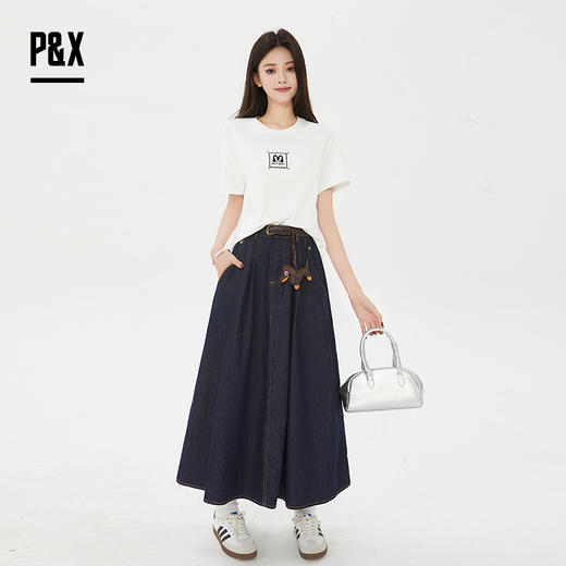 P&X设计师女装夏季复古牛仔半身裙遮胯大A字伞裙 825207335 深蓝 商品图2