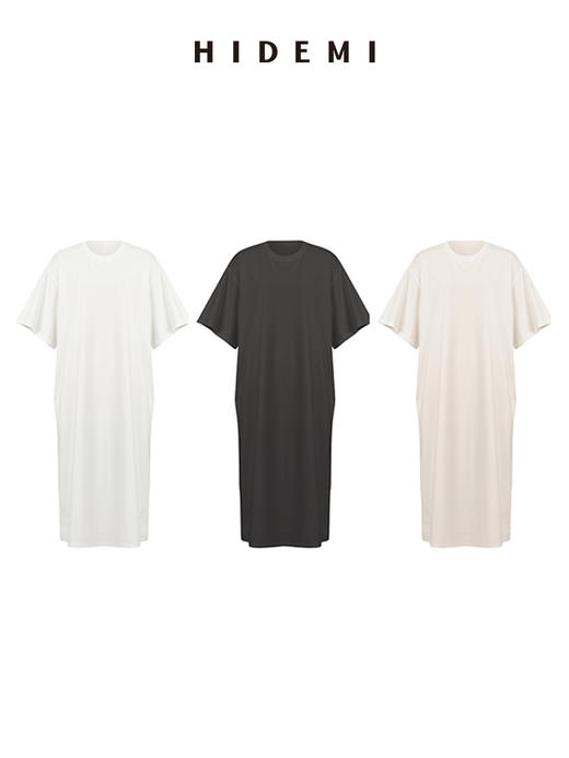 HIDEMI 自然棉系列廓形宽松短袖T恤长款连身裙 白色/深灰/豆乳色 商品图0