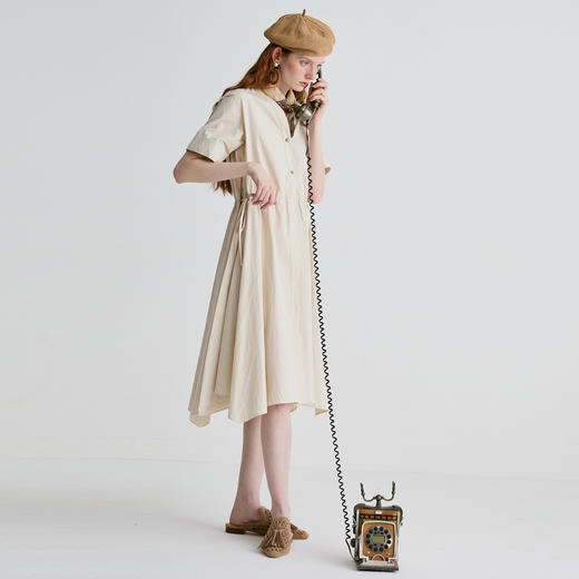 谜底连衣裙短袖2025夏季新品通勤V领抽绳收腰修身中长裙252ML0554 商品图1