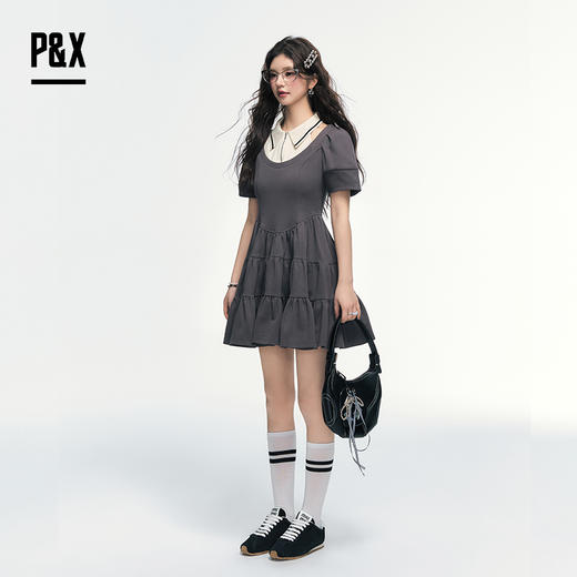 P&X设计师女装 撞色拼接假两件文艺针织连衣短裙 825208195 灰色 商品图3