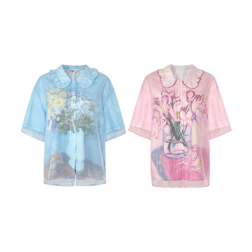 两三事梵高文艺浮梦旖旎2025夏新款网纱拼接印花荷叶边翻领衬衫女 商品图4