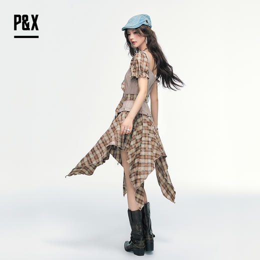 P&X设计师女装2025夏季复古格子拼接连衣短裙825208186 咖啡格 商品图4
