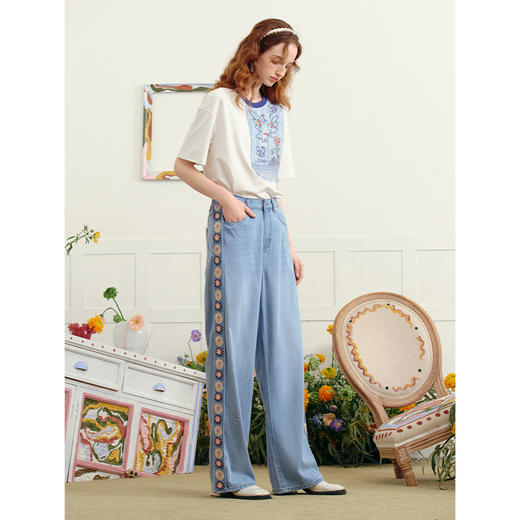 两三事 浮花蓝夏 2025夏季新款森女风绣花织带拼接直筒牛仔裤女 商品图3