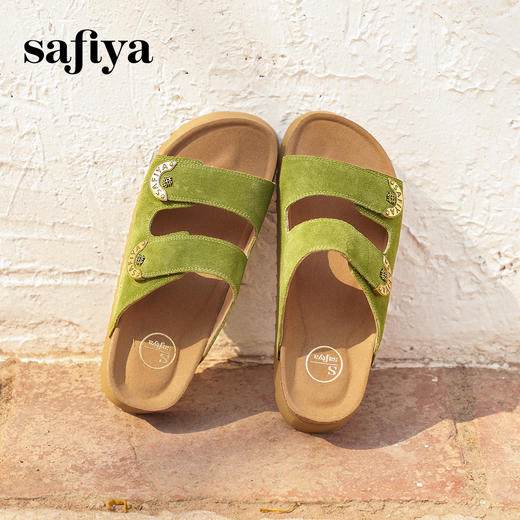 预售|Safiya/索菲娅夏季复古鎏金扣外穿魔术贴勃肯厚底休闲凉拖2025SFD2110153/SFD2110M53 商品图2