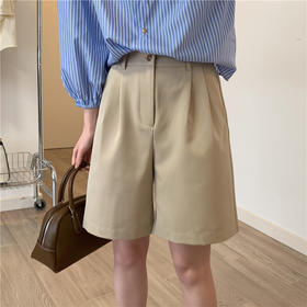 卡其西装短裤女春夏薄款高腰宽松a字休闲中裤直筒复古阔腿五分裤