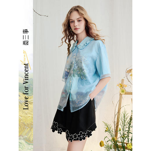 两三事梵高文艺浮梦旖旎2025夏新款网纱拼接印花荷叶边翻领衬衫女 商品图0