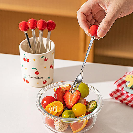 摩登主妇樱桃水果叉子不锈钢水果签收纳罐高级感餐具小叉子蛋糕叉 商品图3
