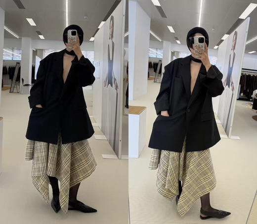 HIDEMI 不规则剪裁大伞状进口韩国纱线格纹泡泡袖上衣半身裙套装 商品图1