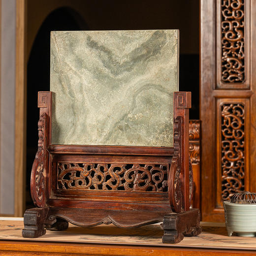 清早期 黄花梨镶绿石透雕螭龙纹插屏 商品图4