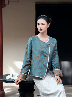 盛唐牡丹 |花锦缎喜鹊纹外套-灰蓝橙色双面(正反两穿)