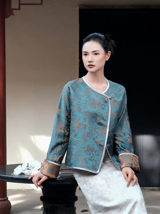 盛唐牡丹 |花锦缎喜鹊纹外套-灰蓝橙色双面(正反两穿) 商品图0