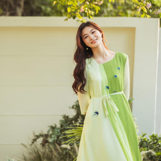 【林栖设计小店】（现货）【林栖推荐】2025年春夏新品浅绿色显瘦气质拼接真丝飞片连衣裙N1952298 商品图2