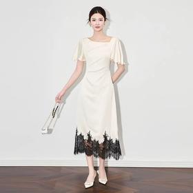 【高货wl】全新升级【铂金会员330/天猫449/差价119】(15846) 洛诗琳高品质轻盈垂感醋酸缎提花睫毛蕾丝优雅短袖连衣裙
