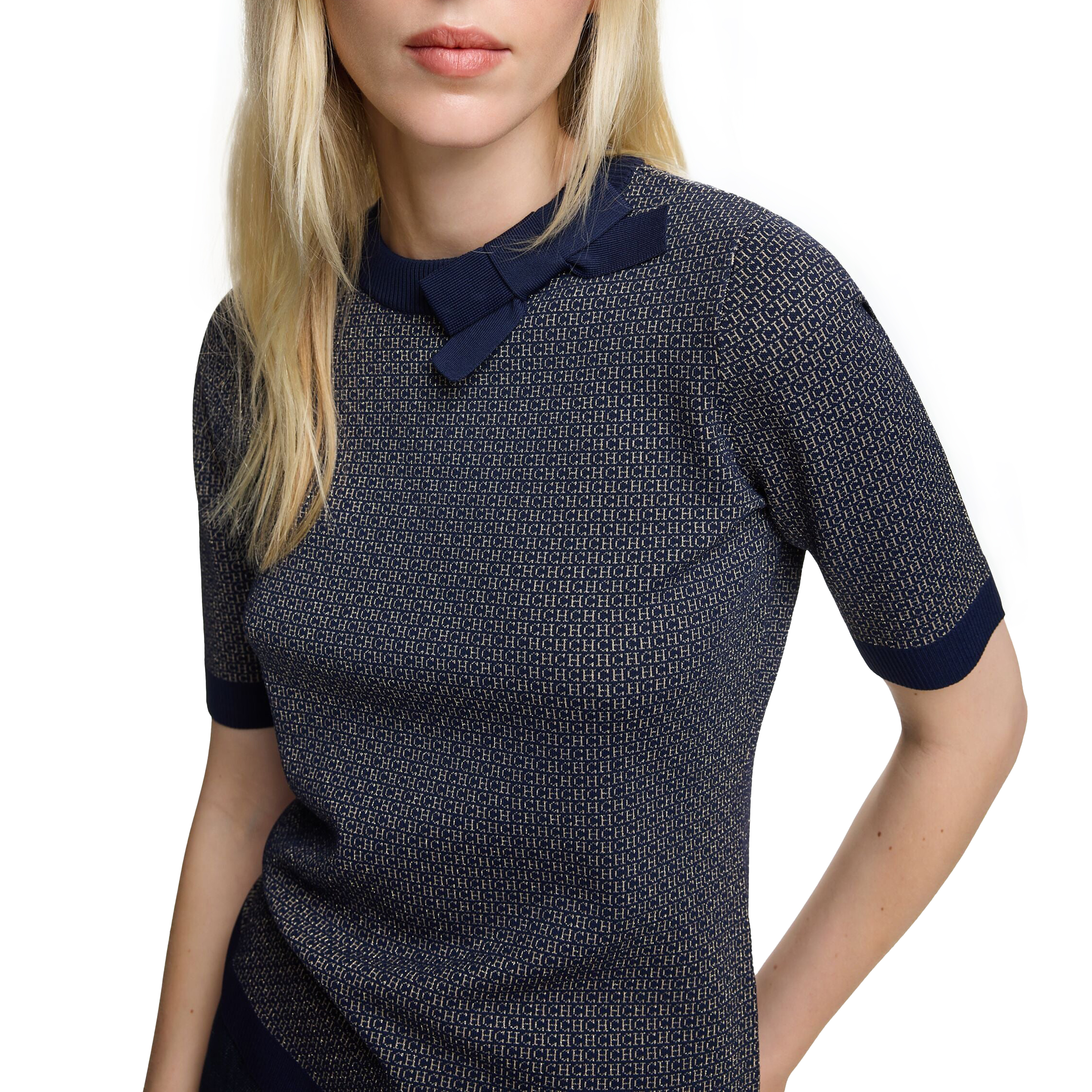 CHCH2025春夏新品女士夏季针织短袖薄T恤女性O领蝴蝶结设计时尚针织上衣