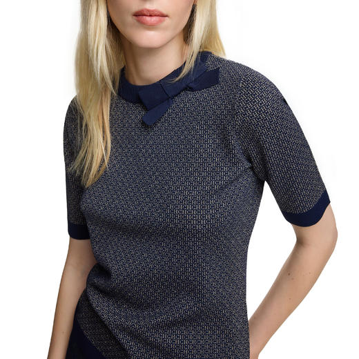 CHCH2025春夏新品女士夏季针织短袖薄T恤女性O领蝴蝶结设计时尚针织上衣 商品图0