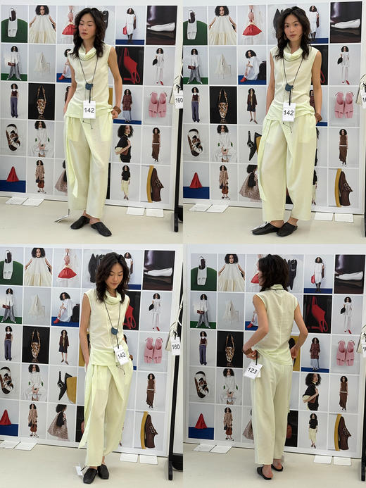 HIDEMI极简设计感不对称扭扭腰拉链破缝多穿式清透感可再生天丝背心茧型裤套装 堆堆领背心/不对称绑带茧型裤  奶茶米/杏仁绿 商品图1