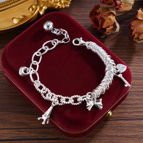 子佩集S925银【浪漫之约】手串【TSB0001-48】纯银手链蝴蝶结埃菲尔塔爱心钥匙铃铛可响钱串腰缠万贯盘缠盘缠2503