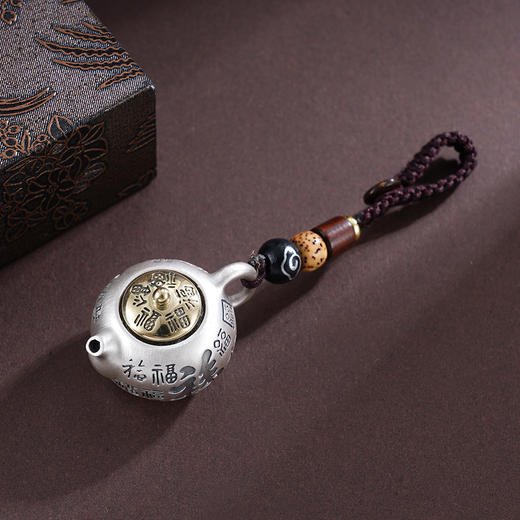 子佩集S999银【百福转运】钥匙扣【BX0200032】纯银小摆件迷你茶壶镀金壶盖可转动2503 商品图2