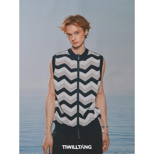 启世录TIWILLTANG“鼓屿浪影”鼓波针织毛衫背心撞色拉链无袖上衣 商品图2