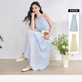 西遇法式挂脖连衣裙女新款海边沙滩度假风无袖收腰长裙D0050492