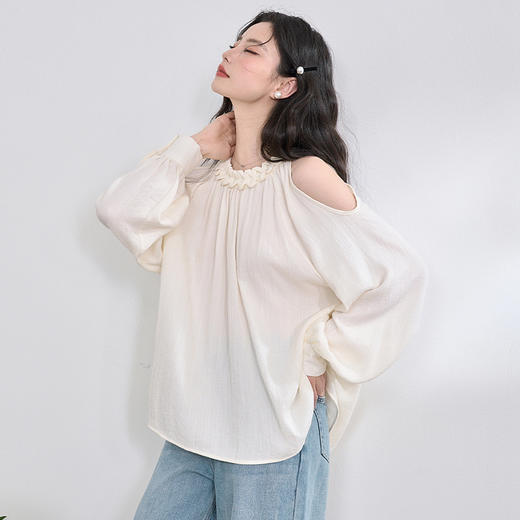 西遇黄色挂脖衬衫女新款宽松慵懒风法式露肩长袖上衣D0050460 商品图2