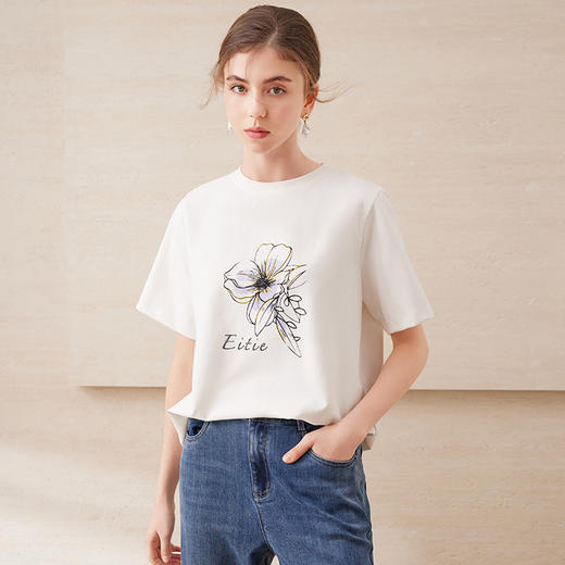 EITIE爱特爱夏日舒适休闲风花朵印花宽松短袖T恤年夏季新款B2502602 商品图1