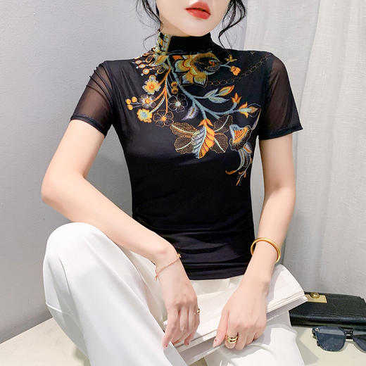 洋气半高领印花短袖网纱设计感上衣K-A55F8639 商品图0