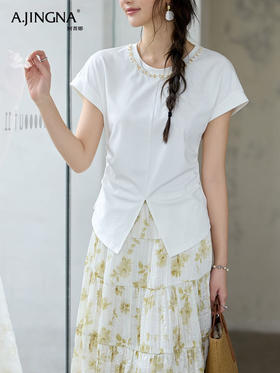 【高级质感】阿菁娜时髦燕尾手工钉珠收腰上衣F30X302001