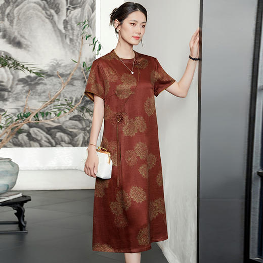 复古中式改良旗袍裙，文艺斜襟立领香云纱真丝短袖连衣裙子KQN-54830 商品图3