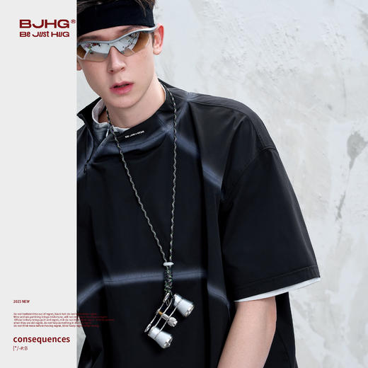【刘骏同款】BJHG不计后果 拼接t恤短袖男款夏季潮牌美式速干防晒运动立领半袖 商品图1