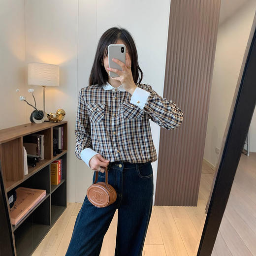 法奢CE家！2025春夏季女装复古减龄天丝娃娃领撞色格子衬衫长袖气质上衣！ 商品图2