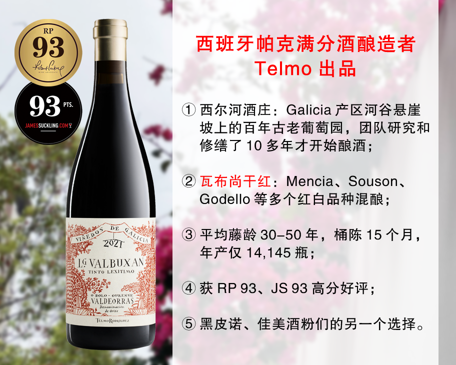 【现货特促，整箱更优惠】【RP93分+JS93分】Telmo出品，必属精品：西尔河酒庄瓦布尚旗舰干红（2021年）