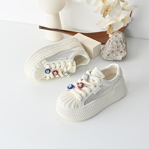 经典鲨2025年夏季款牛皮革贝壳头厚底显高系带透气休闲鞋女KW142-529091 商品图3