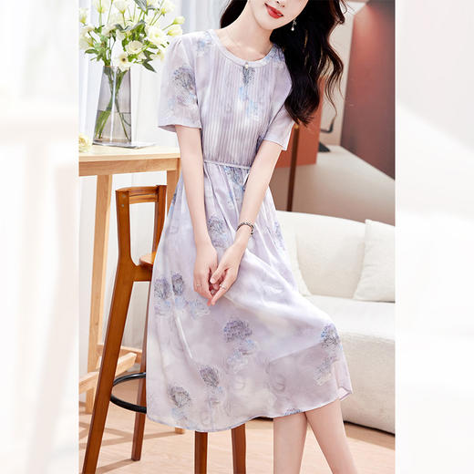 KQ-P09103    03双绉真丝连衣裙女2025新款夏季法式收腰显瘦气质短袖桑蚕丝裙子 商品图0