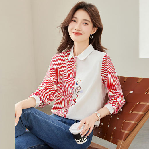 100棉衬衫文艺风卡通刺绣长袖CC9503 商品图0