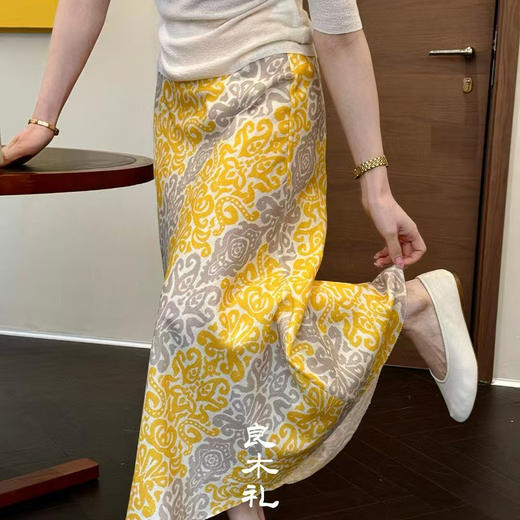 【不退不换】良木礼天丝亚麻斜裁修身印花半身裙(7885) 商品图0