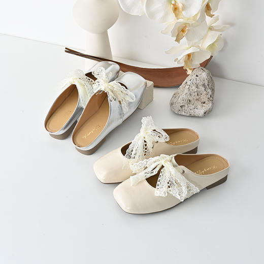 经典鲨2025年夏季新品复古方头一脚蹬温柔蕾丝系带半拖鞋女KW89-529081 商品图1