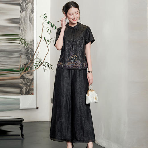 KQ-54817+54816龟裂纹品质显年轻夏季香云纱真丝桑蚕丝收腰显瘦气质两件套装 商品图0