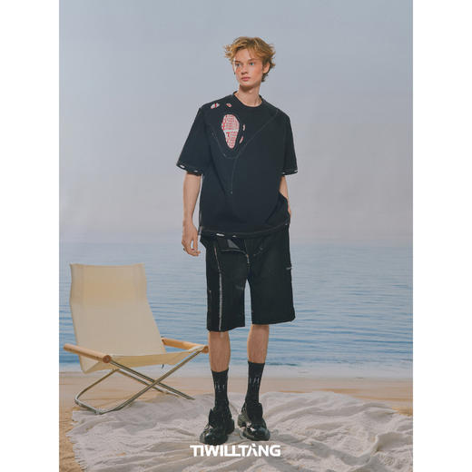 启世录TIWILLTANG“碎荧灼珲”破洞拼接短袖夏季纯棉圆领T恤上衣 商品图1