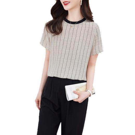 KQ-90621大码衣服真丝条纹印花休闲半袖T恤女宽松桑蚕丝上衣短袖t恤女装夏 商品图4
