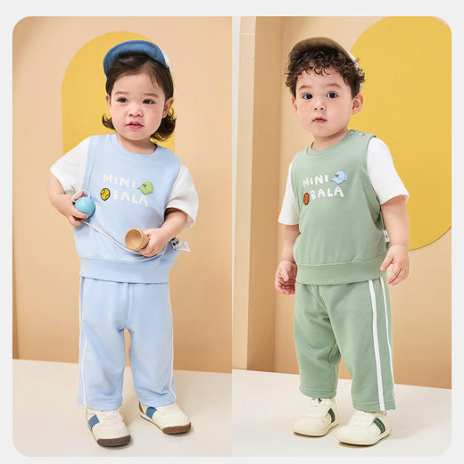 迷你巴拉短袖套装男童亲肤不闷汗假两件长裤两件套夏季新款 商品图2