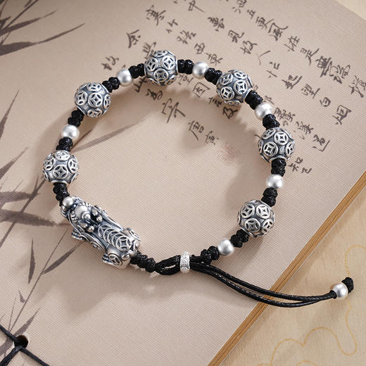 子佩集S999银【聚财灵兽】手链【SC001265】纯银仿古貔貅钱币黑绳2503 商品图4
