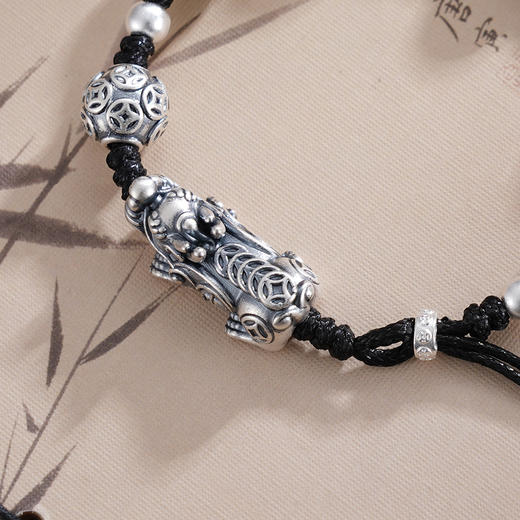 子佩集S999银【聚财灵兽】手链【SC001265】纯银仿古貔貅钱币黑绳2503 商品图3