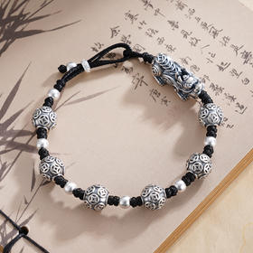 子佩集S999银【聚财灵兽】手链【SC001265】纯银仿古貔貅钱币黑绳2503