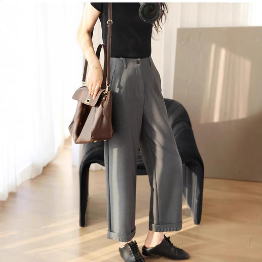 松弛感！通勤铜氨丝精纺羊毛条纹翻边高腰裤！2025宽松直筒阔腿裤西裤女春夏款！ 商品图1